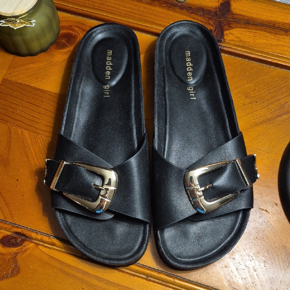 Madden Girl Black Sandals with Gold Buckle